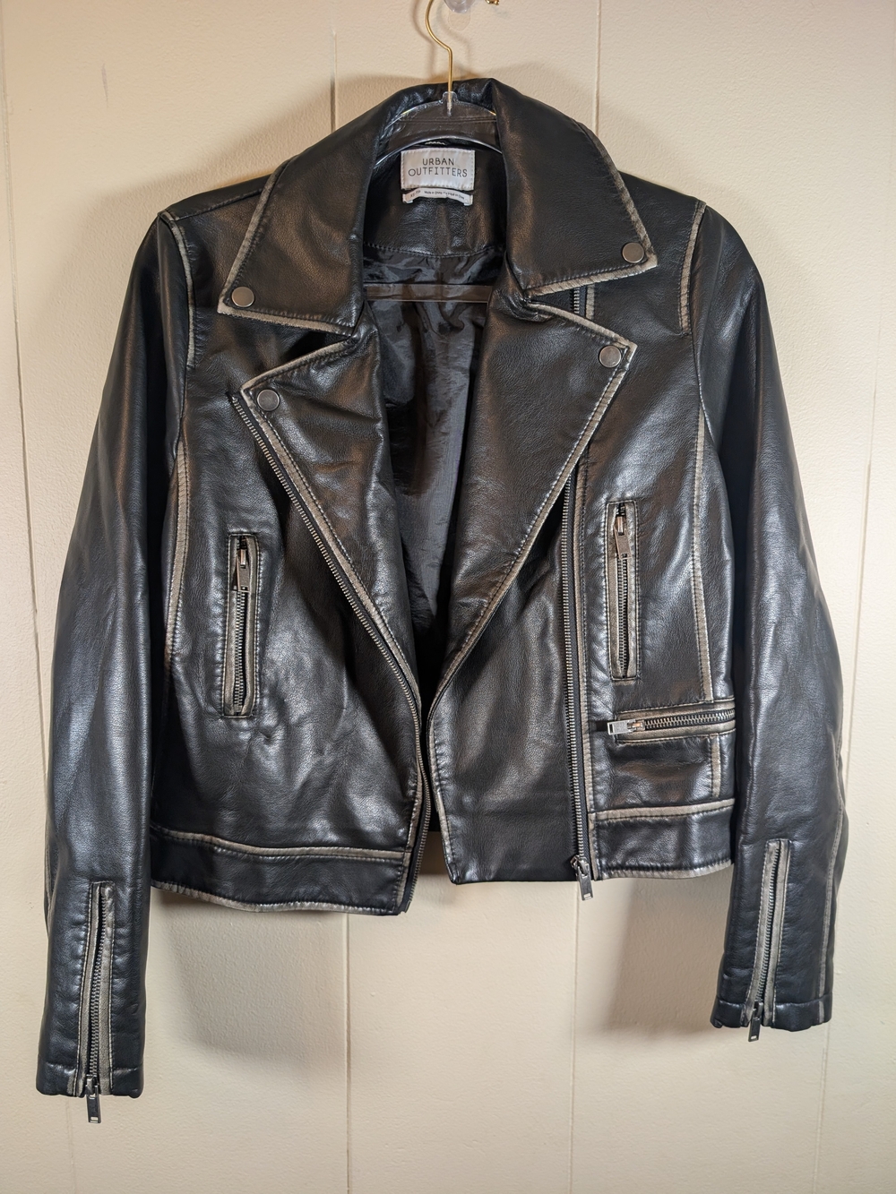 Y2K Urban Outfitters XS Black Distressed Faux Leather Moto Biker Jacket Grunge
